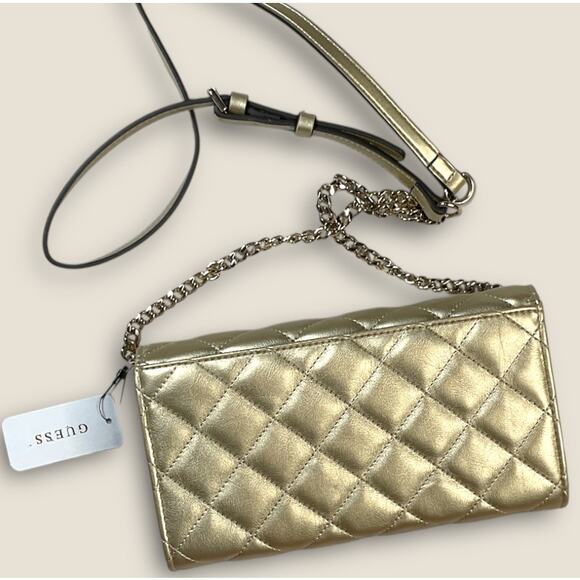 Guess Glimmer Flap Gold Quilted Wallet on Chain - New with Tags - Picture 2 of 3